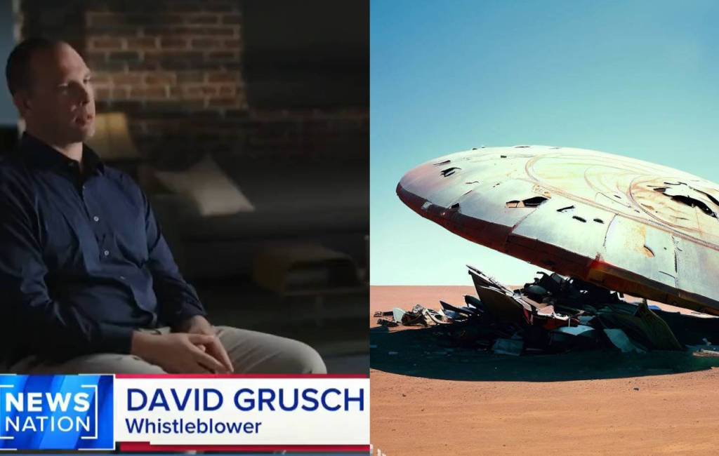 imagem à esquerda com david grush em um programa de televisão, e à direita um disco voador quebrado