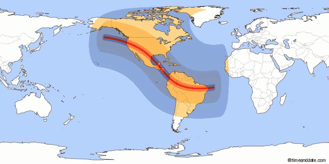 mapa mundi mostrando onde ocorrerá o fenômeno eclipse solar anular e qual a intensidade
